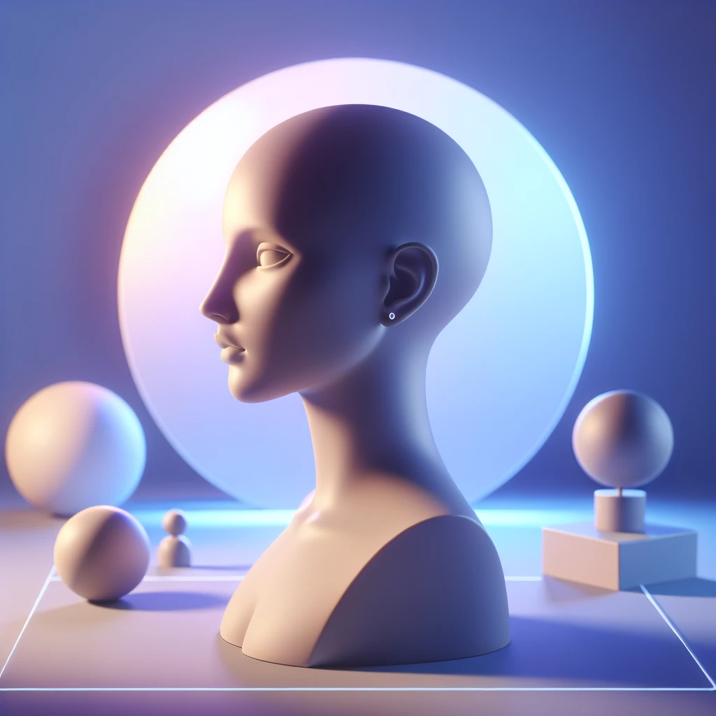 Minimalist 3D avatar, stylized human bust, smooth matte plastic texture, soft cinematic lighting, blue and purple gradient background, futuristic clean design, simple geometry, round shapes, subtle rim light, clay render style, modern digital illustration, octane render. emoji