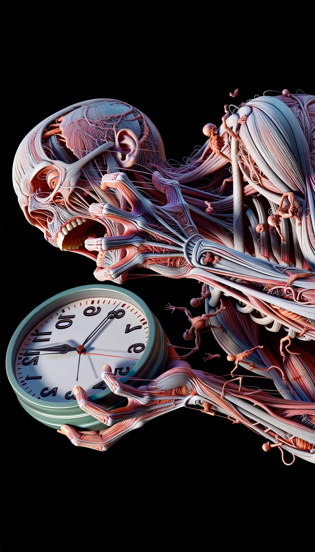 corpo umano anatomico CHE TIENE OROLOGI NELLE MANI E STA IMPAZZENDO PERCHé NON RIESCE A SVOLGERE TUTTE LE SUE ATTIVITà QUOTIDIANE: NON HA TEMPO, iperrealistico 4k emoji