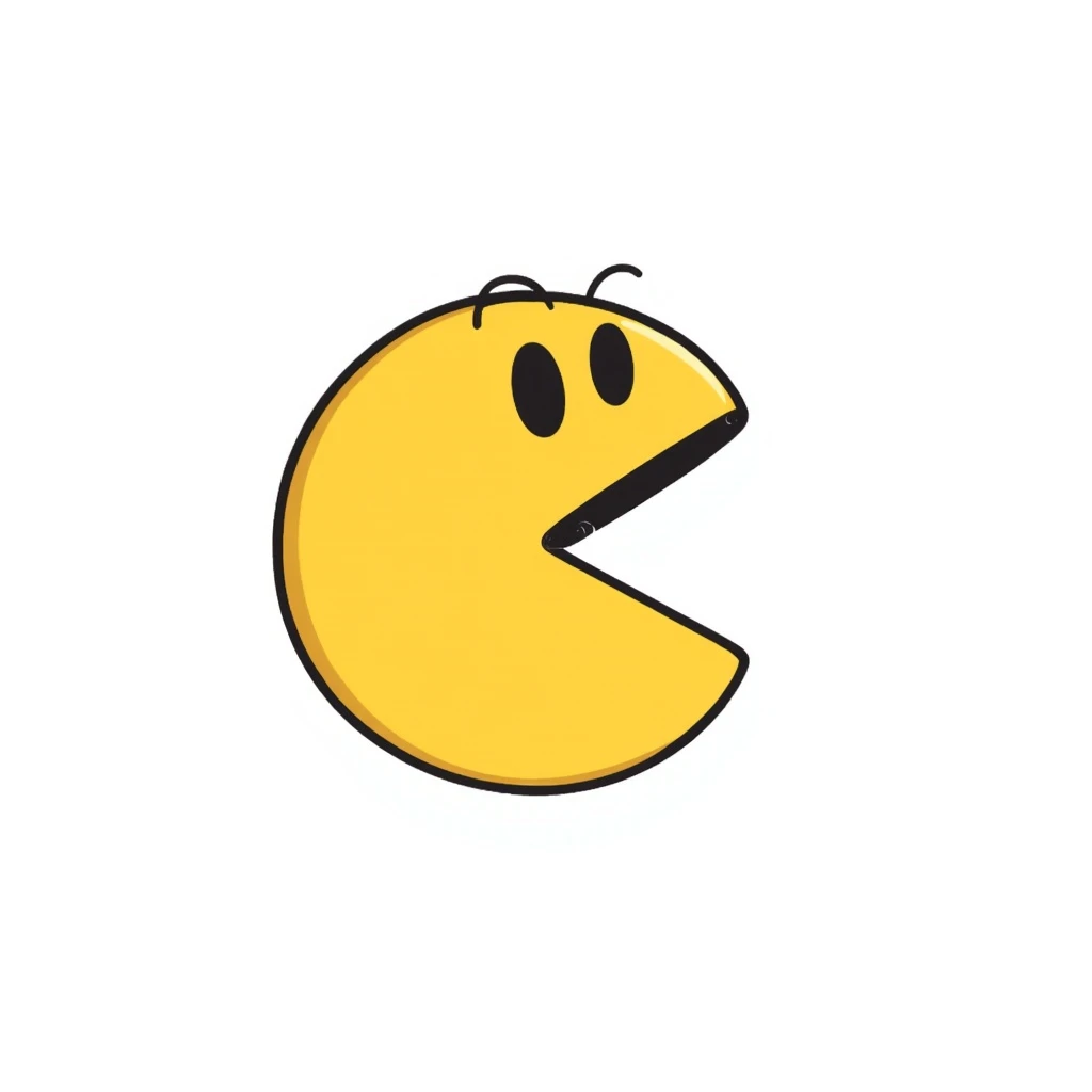 Pac-Man character, hand drawn doodle style, black outline, simple yellow fill emoji