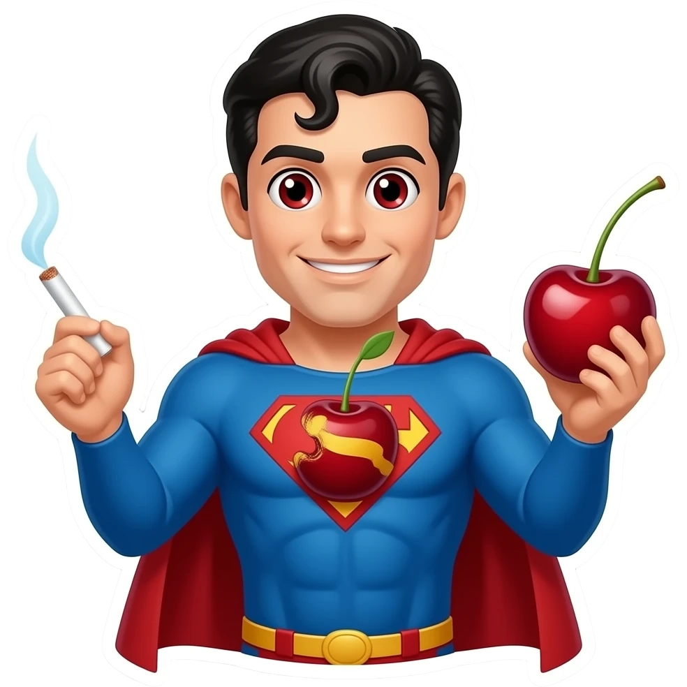 Make this sticker with a cherry instead of the S embedded in the chest as part of the costume, the eyes have Cherries as pupils and the left hand is holding a joint and the right hand a cherry, Superman with his complete look emoji