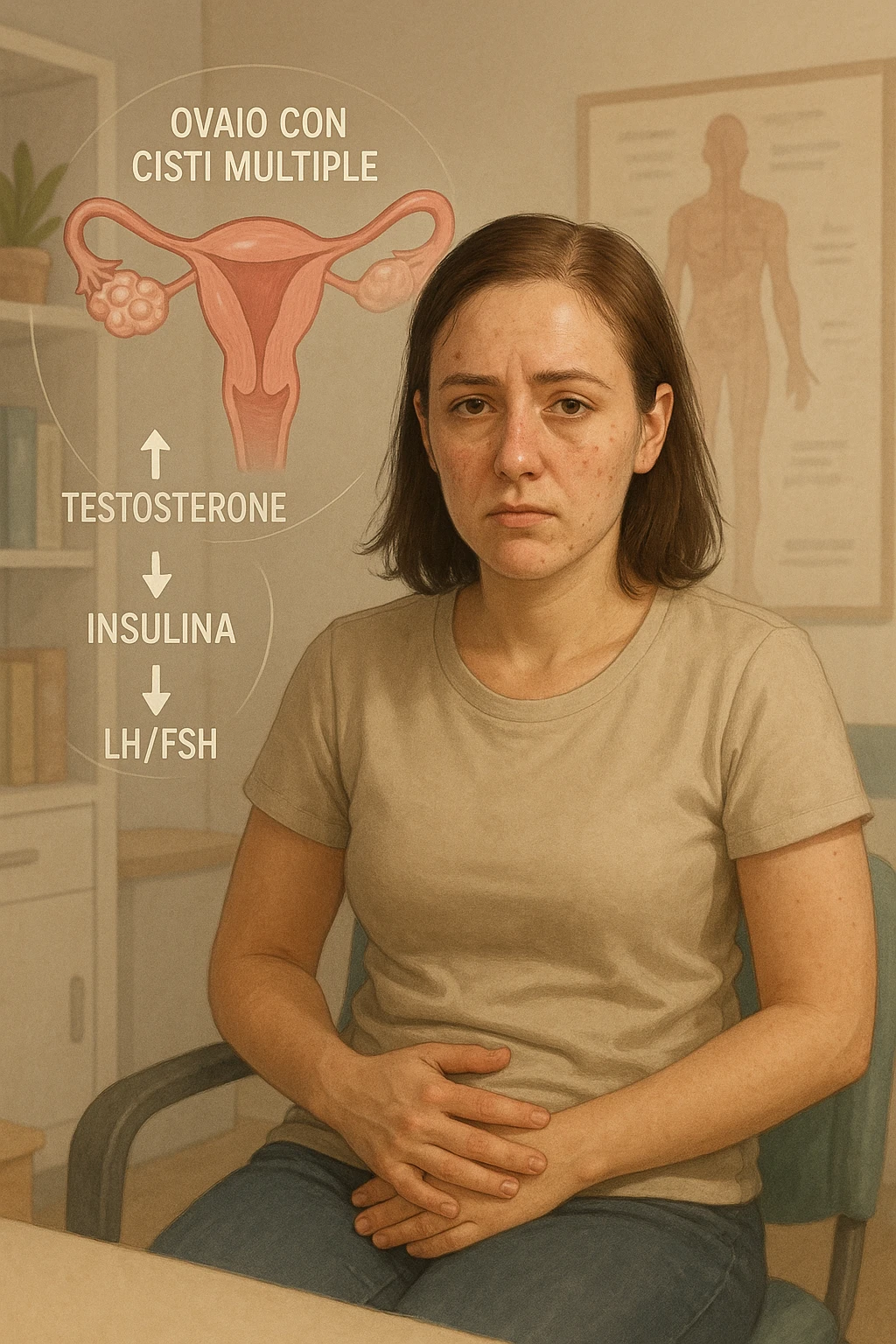 Donna tra i 25 e i 35 anni, con espressione stanca ma determinata, seduta in uno studio medico o nella sua stanza, con mani sul basso ventre. Sullo sfondo un diagramma trasparente o fluttuante di ovaie con cisti multiple, ormoni stilizzati in disequilibrio (testosterone, insulina, LH/FSH). Leggeri segni visivi di sintomi tipici: acne sul viso, lieve aumento di peso, capelli leggermente diradati in zona frontale. Ambiente realistico ma con elementi educativi e simbolici. Toni tenui ma caldi, stile empatico e informativo. in italiano emoji