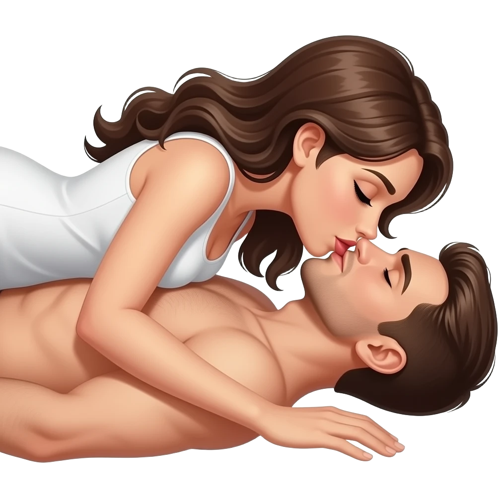 Woman on top of man laying down kissing naked emoji