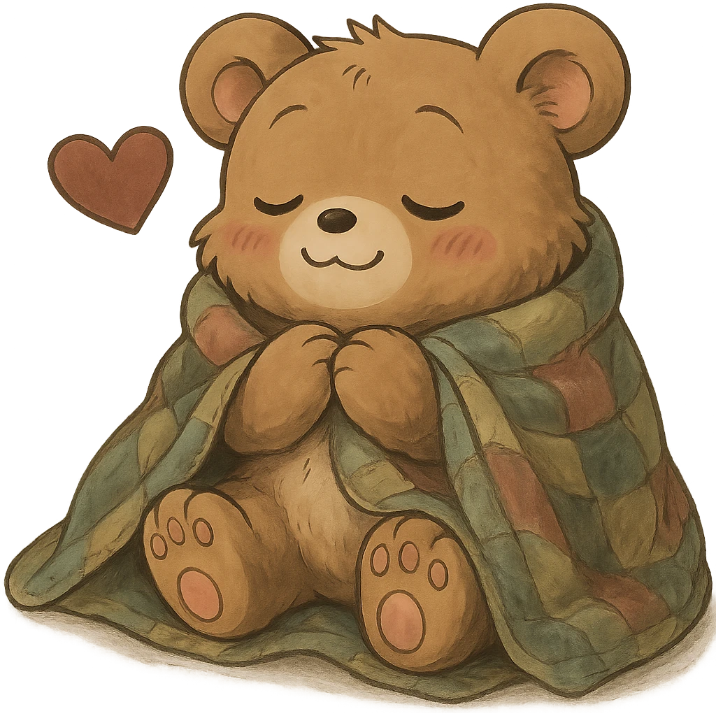 Add a cozy blanket to the anime style cute bear showing love, keep the background transparent emoji