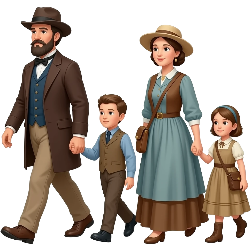 pioneer family with husband, wife, and children walking 1850 on the oregon trail facing sideways emoji