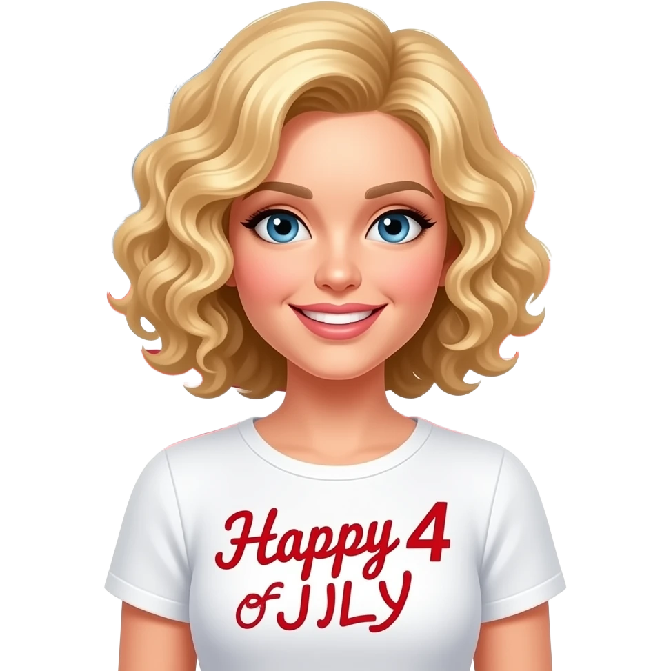 blonde tight curly hair in a short bob with a Happy 4 of July banner in red writing and a white short sleeve art blouse and a huge flag emoji