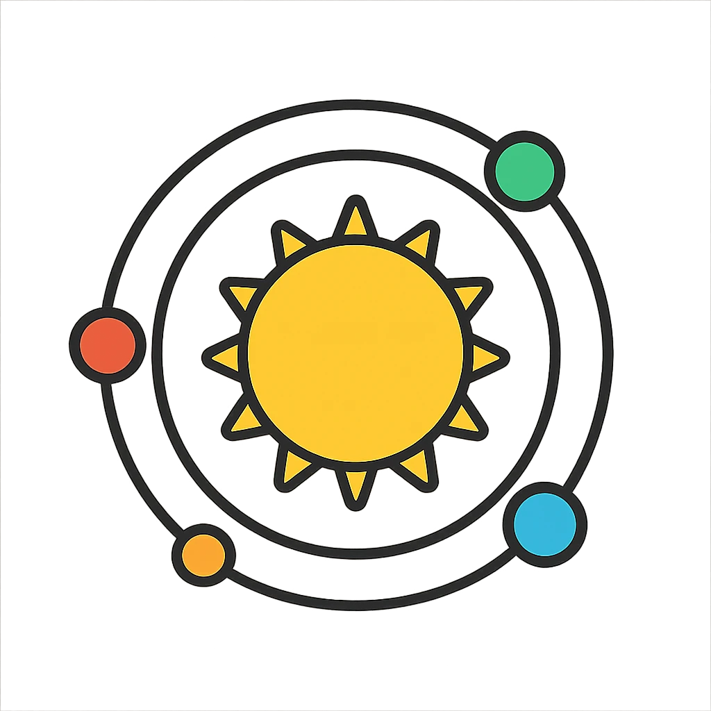 solar system diagram as a lineal color icon, black outlines, planets and sun, arranged in a circular orbit, simple and recognizable emoji