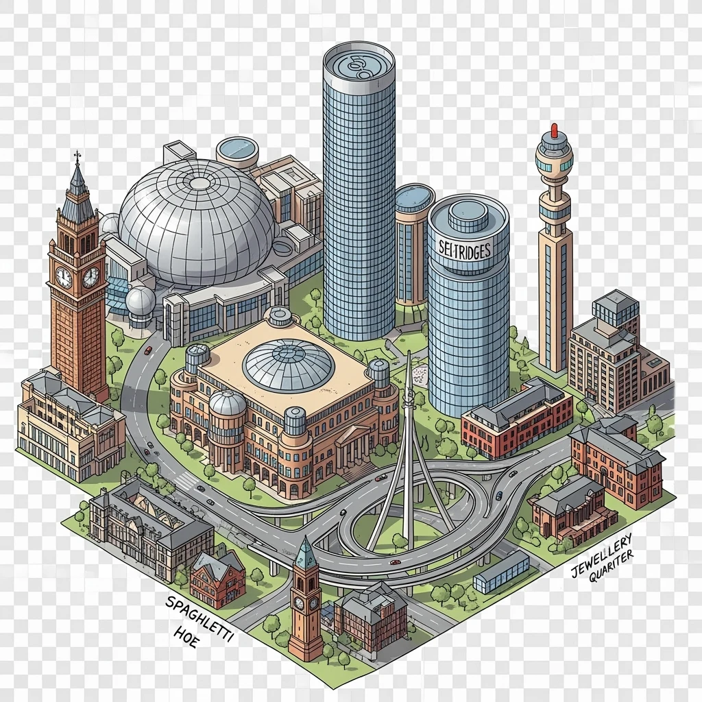 Isometric illustration of the Birmingham with iconic cities landmark, miniature slightly hand-drawn style, transparent background. emoji