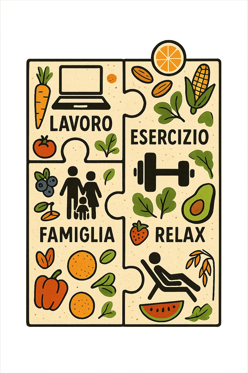 Puzzle (Lavoro, Esercizio, Famiglia, Relax), in lavoro metti icona di un PC, in Esercizio un Manubrio, in Famiglia una famiglia, in Relax qualcuno che riposa and healthy foods are integrated into each piece. in italiano emoji
