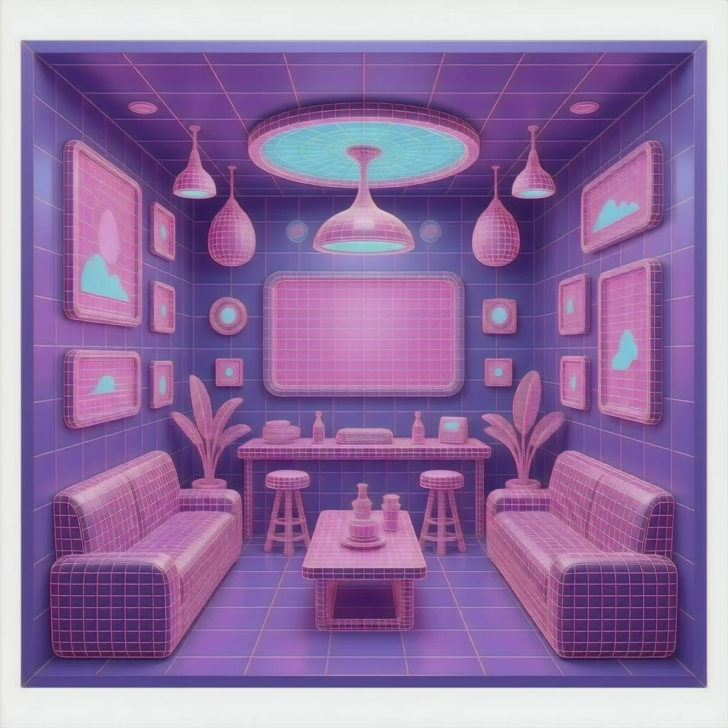 vaporwave 3d club wireframe, VR, AR, quirky, unique, tech, pink, purple, aesthetic emoji