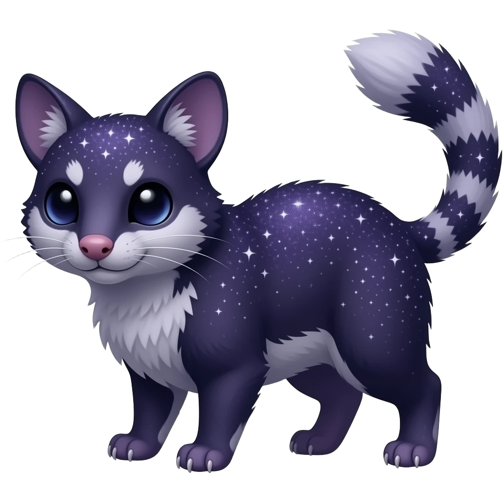 Hyper realistic midnight-violet velvet fur soaked in starlight glitter and shadow gradients beautiful elegant cute Fakémon-Pokémon-opossum-serval-caracal-chinchilla-Furret emoji