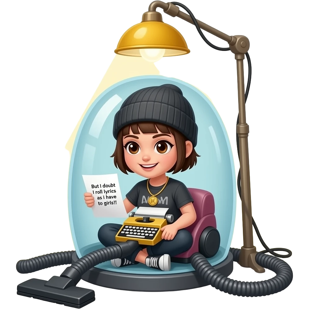 A disgusting vacuum sits alone under an old yellow light. Inside it's body is a tomgirl with short boyish hair, a beanie, and brown eyes rapping and wearing a golden stenography machine as a necklace. On her paper are the lyrics: "But I doubt I roll lyrics as I have to girls!!"
 emoji