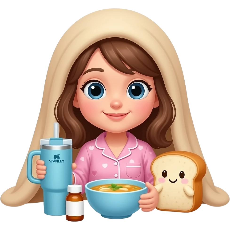 Light brown blanket and bread plushie sick day  with a  girl with brown hair and pink pajama and hearts and a Stanley  cup blue and a medicine and a chicken soup emoji