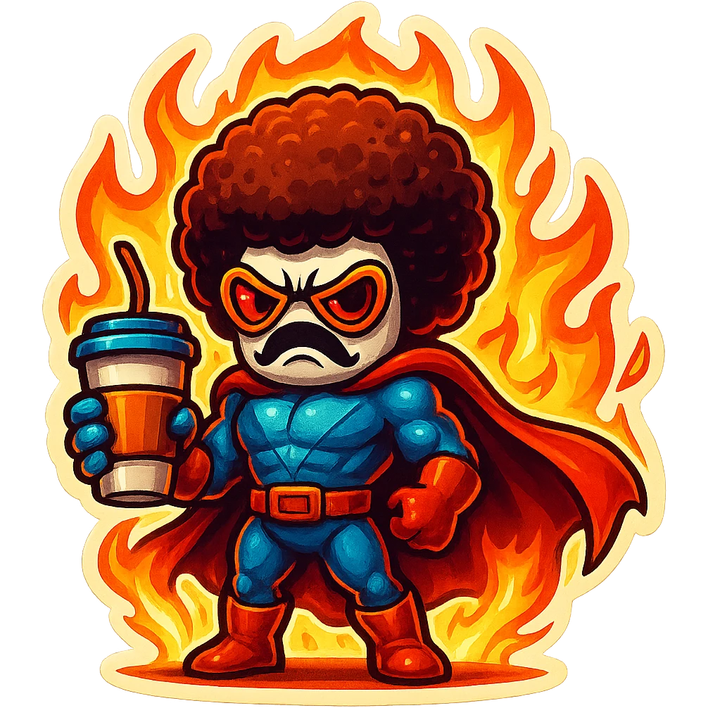 coffee creature, superhero, angry and on fire emoji