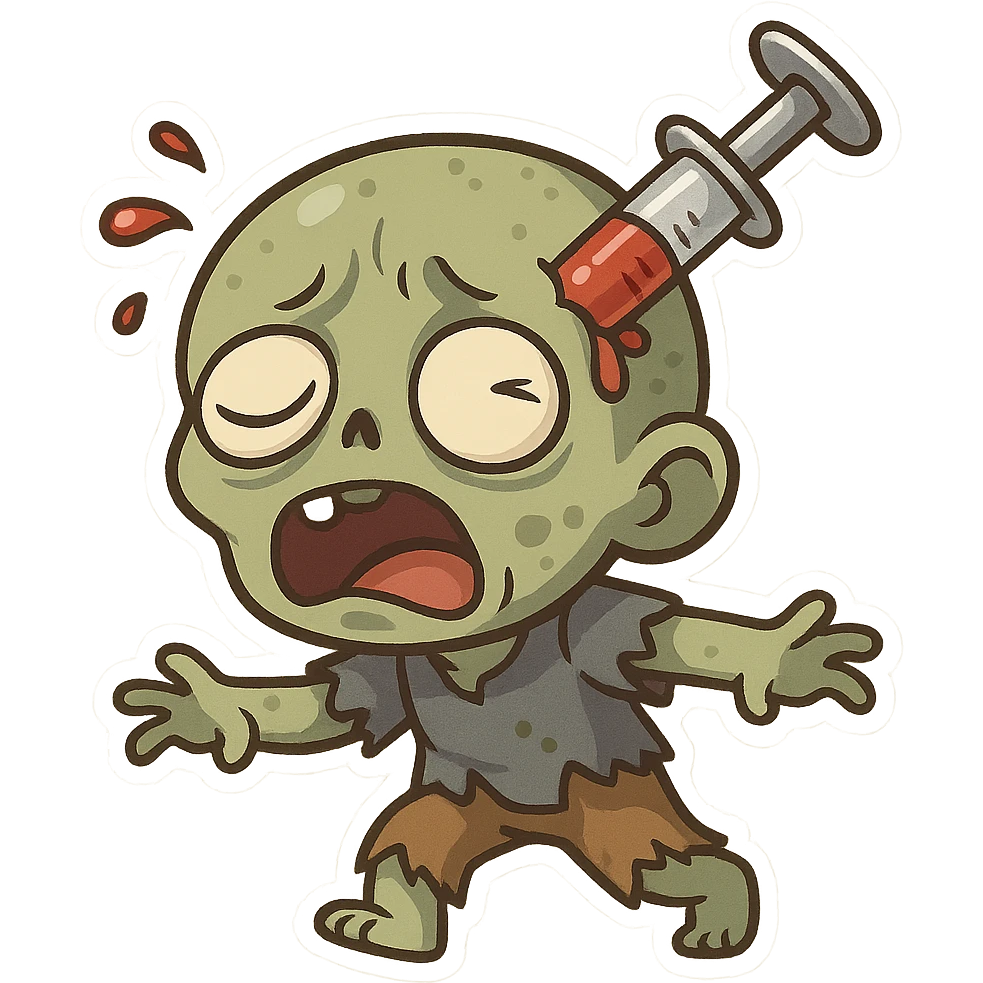 cartoon zombie with a large needle piercing its head, dramatic and funny, no background emoji