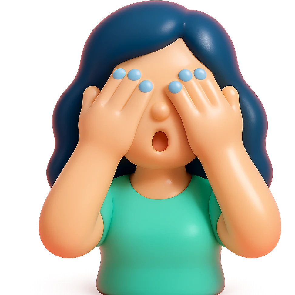 Woman with dark blue hair and blue fingernails with hands over her eyes in shock emoji