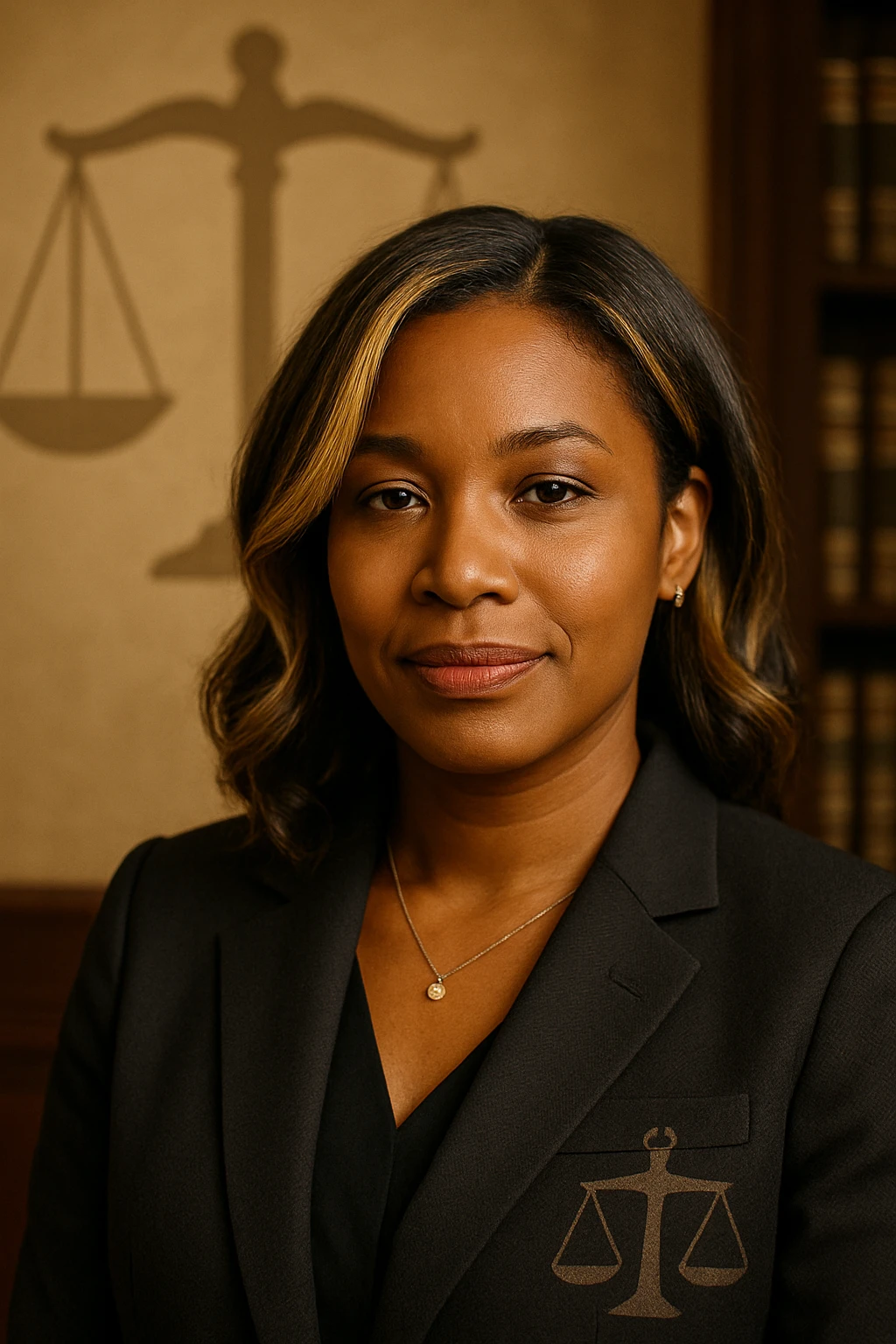 Portrait of a confident and serene Black woman with blended blonde highlights and brunette hair, wearing a dark professional blazer in a legal environment. She has a light smile and direct gaze, conveying empathy, authority, and attentiveness. Subtle stylized justice scale symbol on the background or clothing. Maternal authenticity detail: delicate pendant, subtle earrings, or discreet hair accessory. emoji
