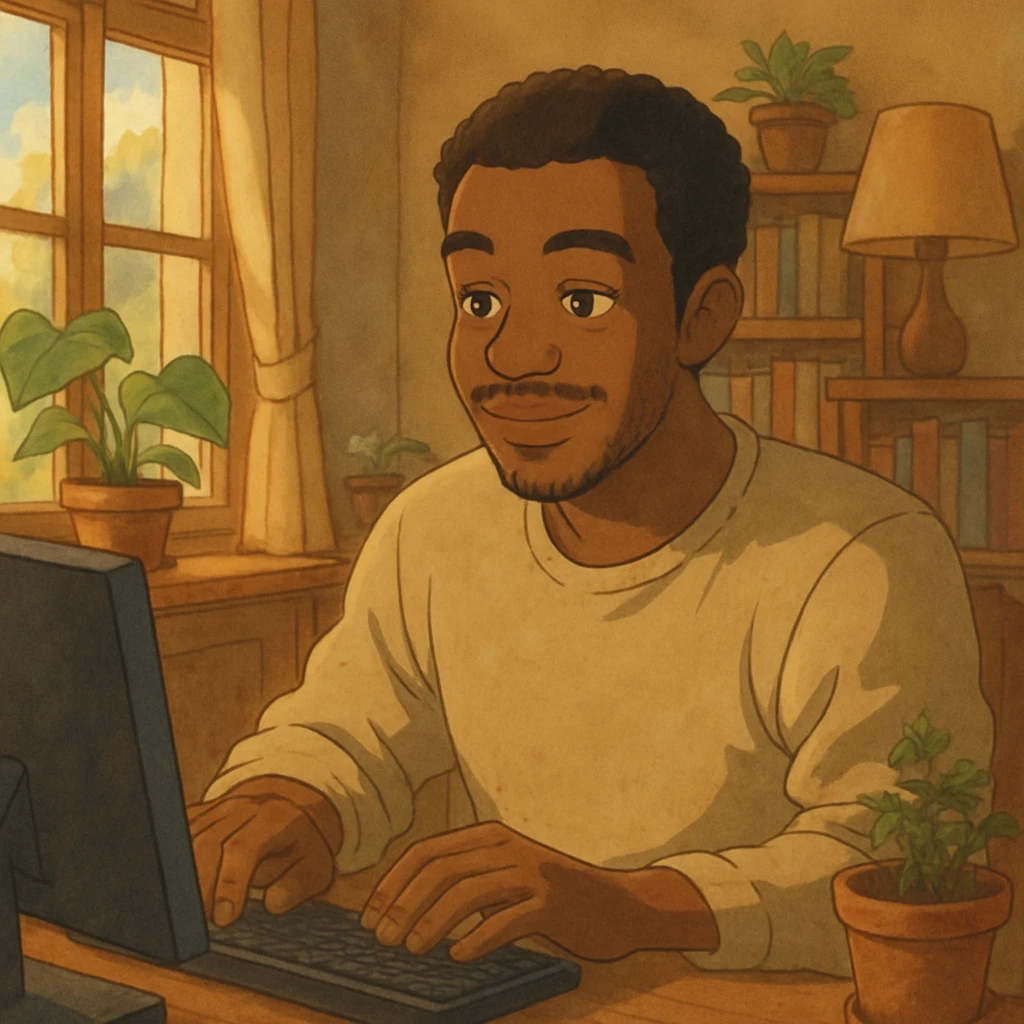 A black man working on a computer, Ghibli style, warm and inviting, soft lighting, expressive face, detailed background. emoji