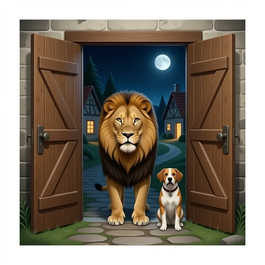 quiero que salga en un publo un leon y un perro que esten por la ciudad dando vulta con mucha hambre pero que no deestrozen nada tambien quiero que en las puertas hayan puesto madera colocada para que no entren  que la gente de el pueblo  que este asustada y que sea de noche y terrorifico y realista emoji