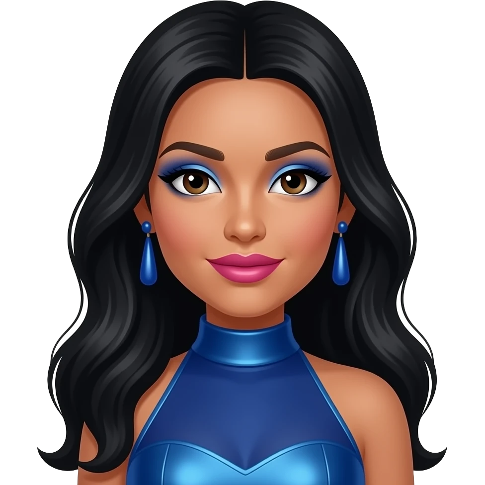 Tia from Diva Starz with dark brown eyes, long black hair, blue eyeshadow, hot pink lipstick, blue metallic high neck dress, blue earrings emoji