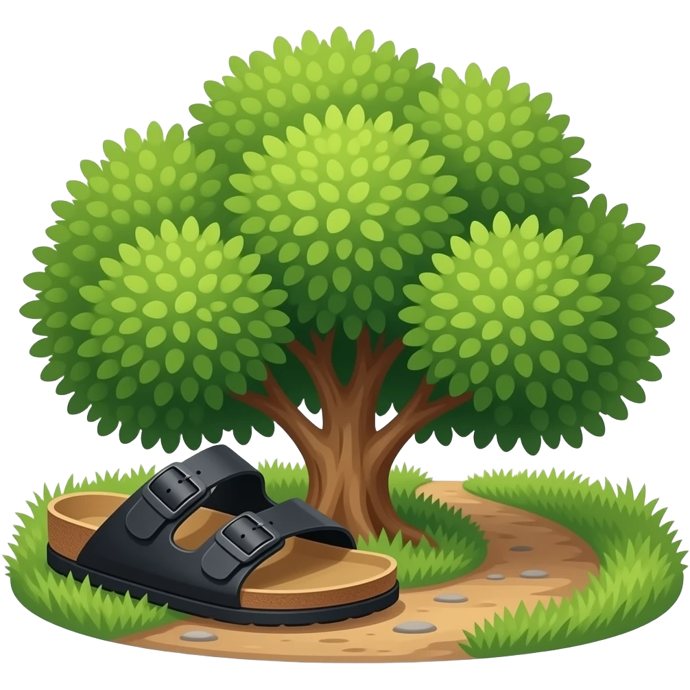 Black Birkenstocks peaking out from under the branches of a lush green bush situated by a hiking trail emoji