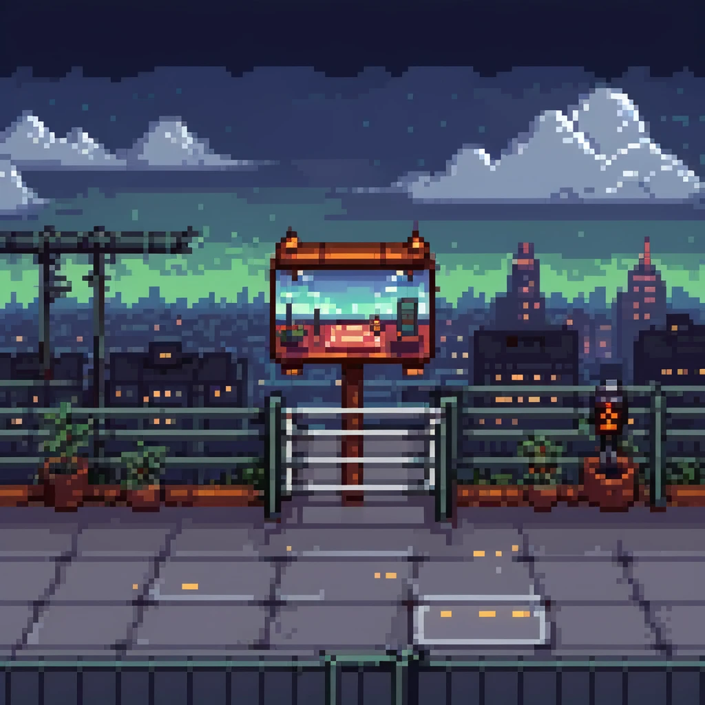 Pixel art rooftop at night, helipad, fence, distant city lights, glowing billboard, cloudy sky, 9:16 vertical scene, side view, retro 2D fighting game background
 emoji
