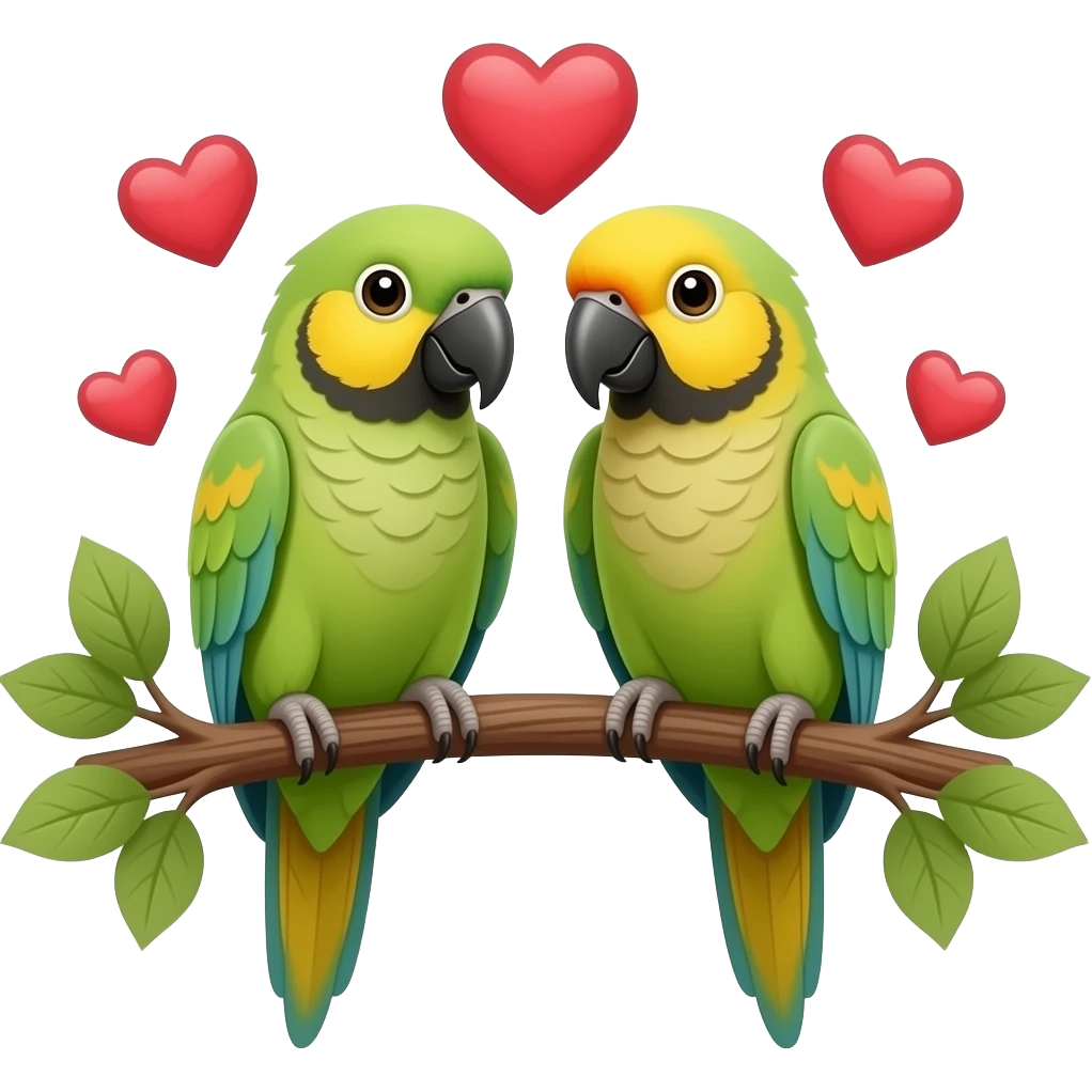 Indian parrots love couple on a tree with hearts emoji