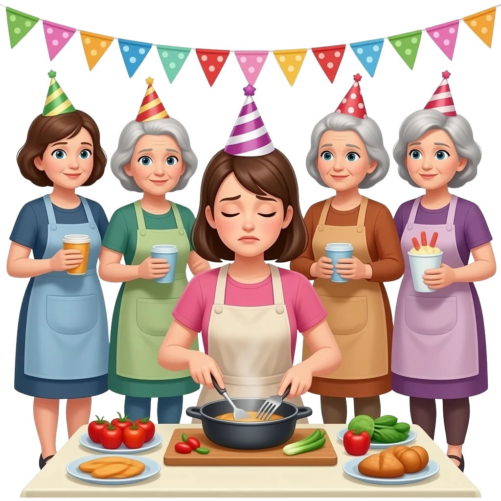 many old ladies comes of a kitty party and a young lady is tired of cooking for them emoji