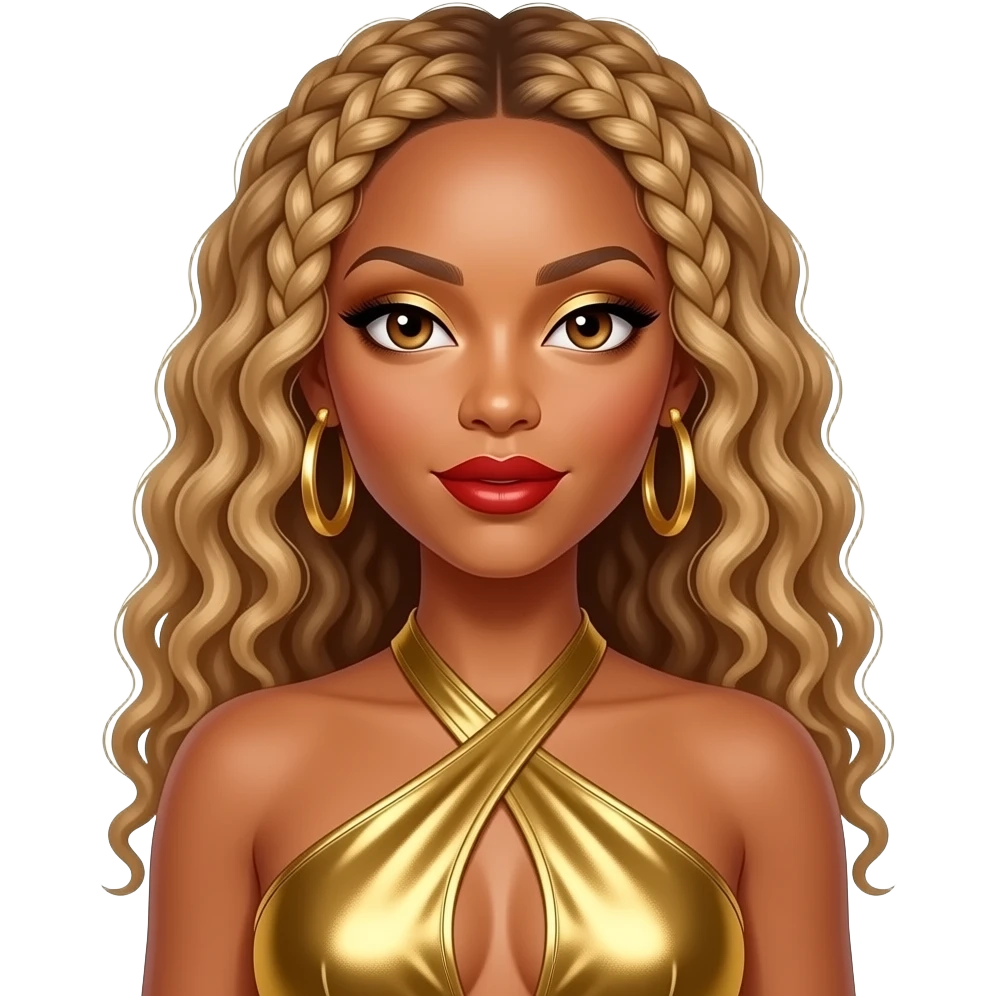 Beyonce from Destiny's Child with hazel eyes, long blonde 90s cornrows with curly ends hair, gold eyeshadow, red lipstick, gold metallic halter dress, gold earrings emoji