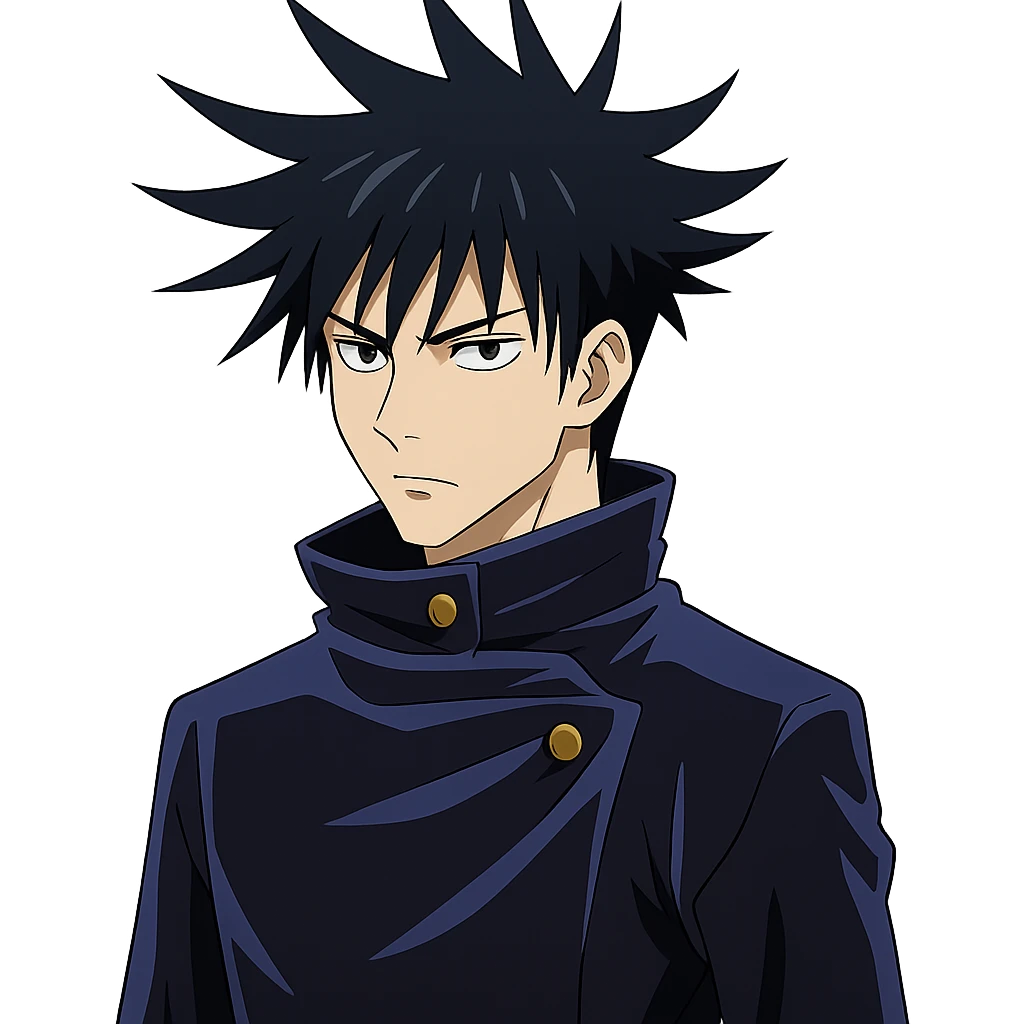 Megumi Fushiguro, spiky black hair, blue uniform, serious look, anime style emoji