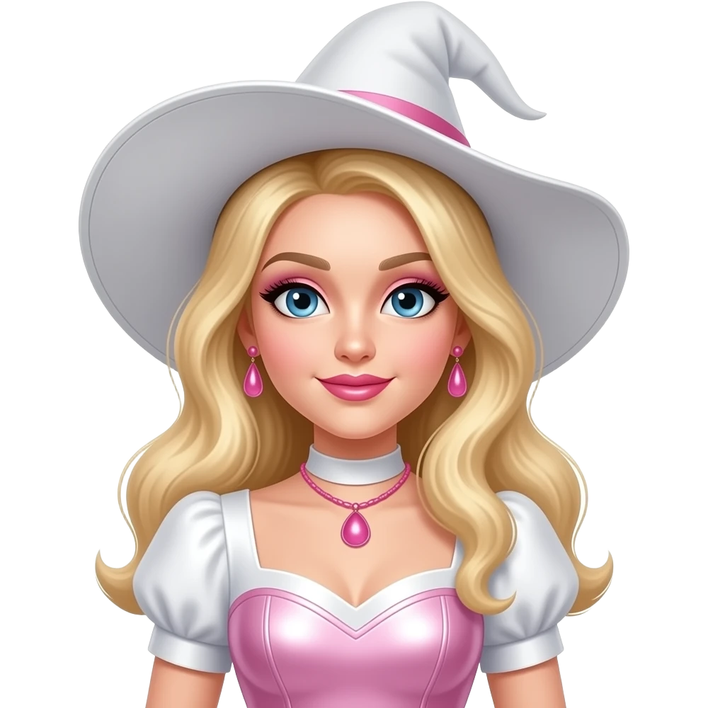 The Good Witch from The Wonderful Wizard of Oz with blue eyes, long blonde hair, pink eyeshadow, pink lipstick, white and pink metallic sweetheart sleeve dress, white witch hat, pink necklace and earrings emoji