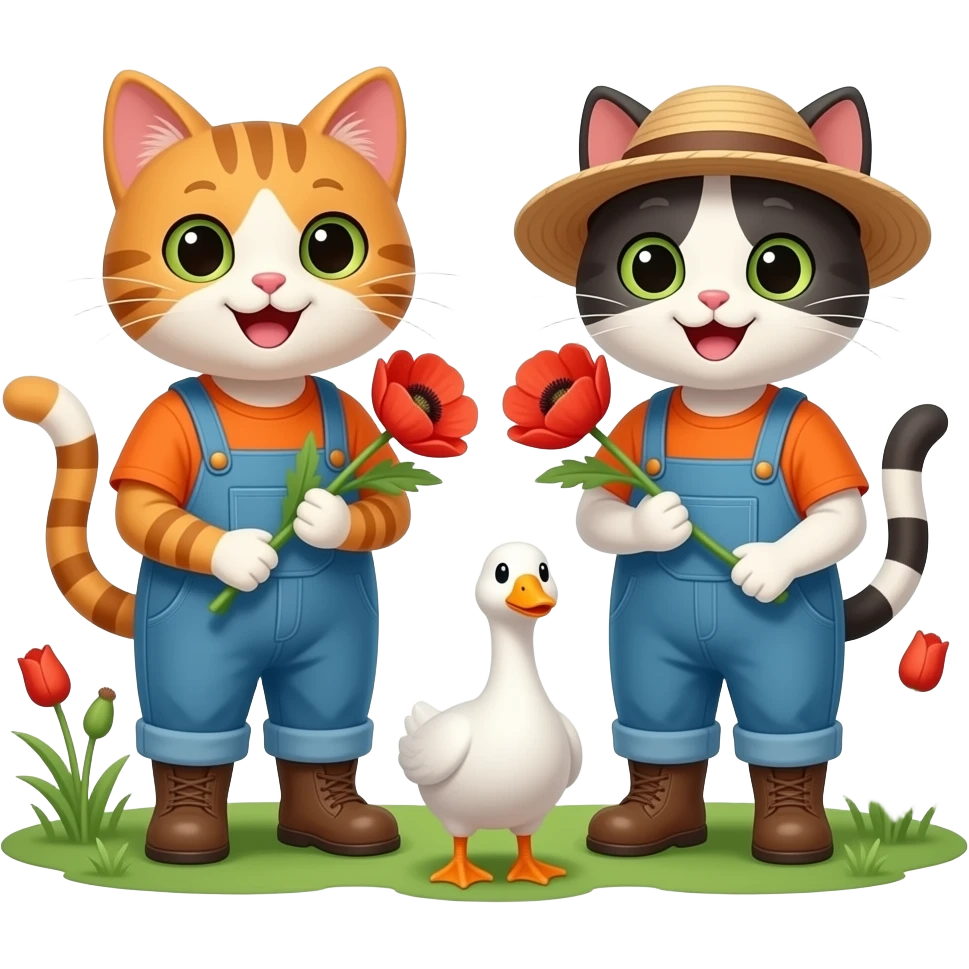 two happy cats farming poppies with a white goose emoji