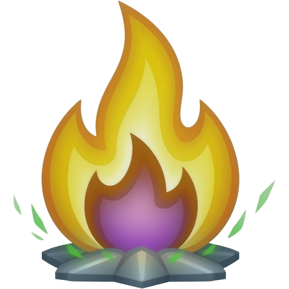 Fire: “Burning flame element in golden yellow with purple base and green sparks, transformative mystical symbol, flat vector illustration” emoji