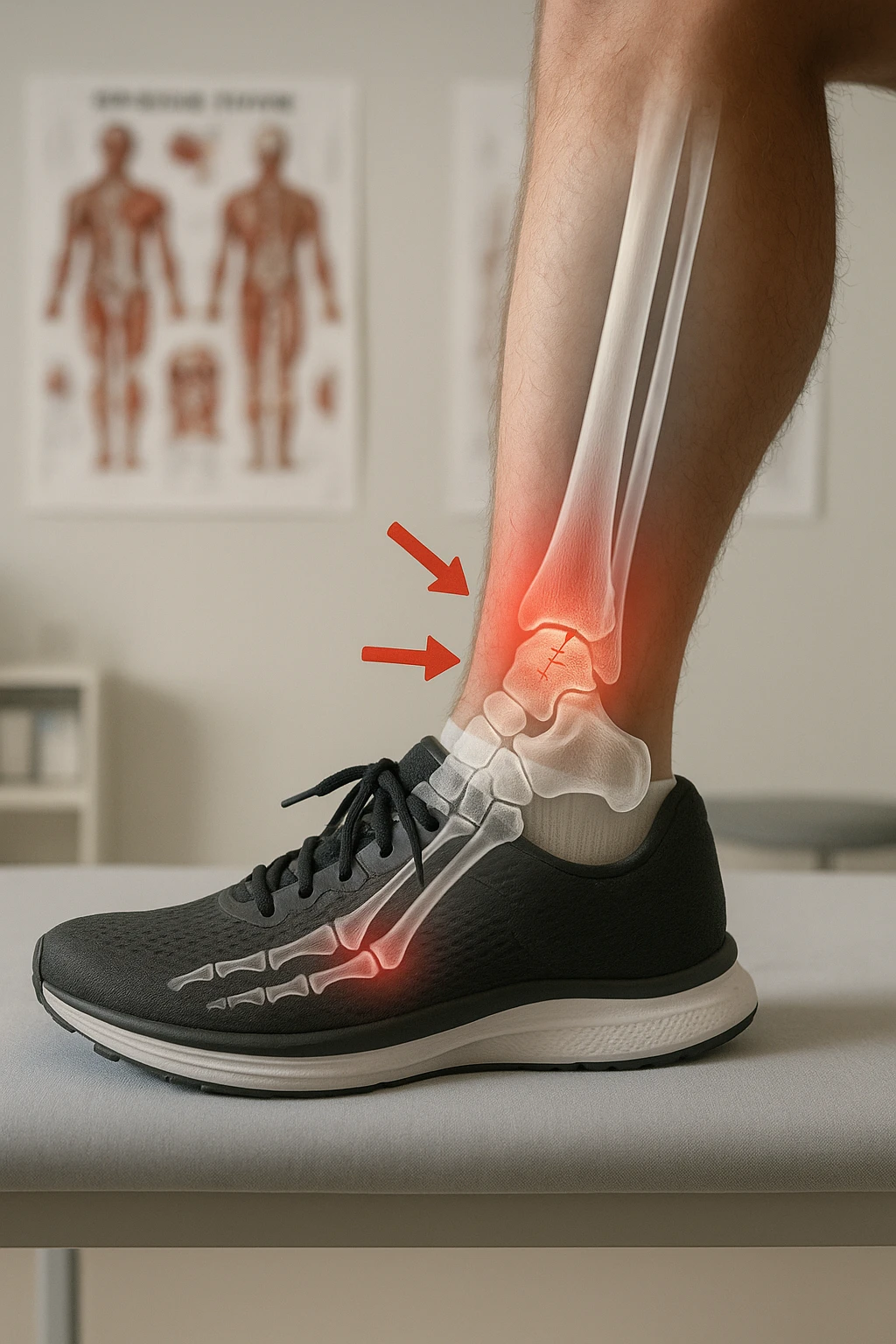 Realistic, vertical medical scene: a runner’s foot and lower leg are shown in profile, with a transparent overlay revealing a small stress fracture in the metatarsal bone. Red highlights and arrows indicate the area of pain and injury. The setting is a medical exam room, with anatomical charts in the background. emoji