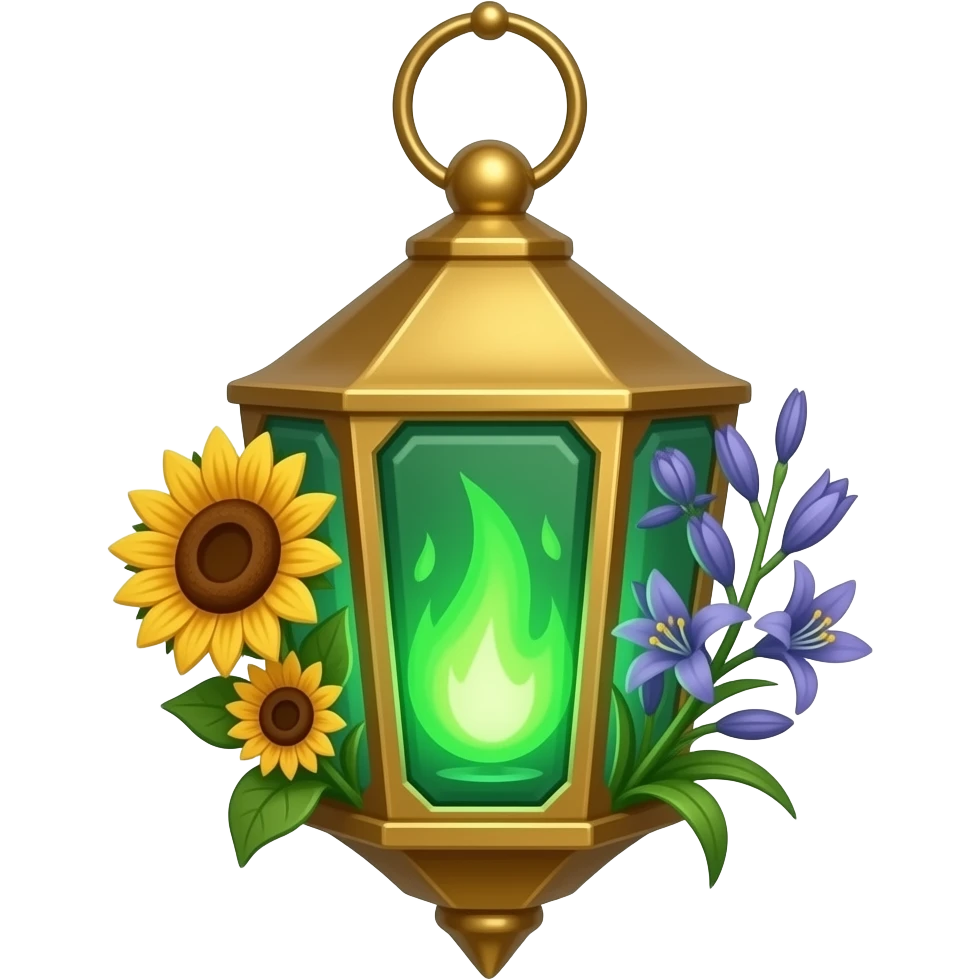 A golden hanging lantern with a bright emerald flames, an empty loop on top, fae themed sunflowers on the left and fully bloomed asphodels on the right as part of the design, but simple focus more on the green flames, paint the glass more green, have its bottom point come to some sort of point emoji