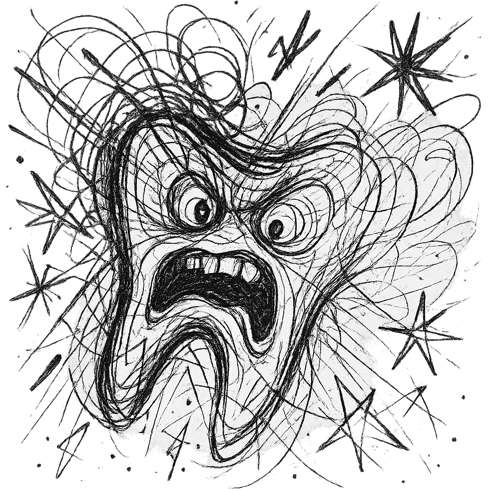 a black and white chaotic doodle of a toothache emoji