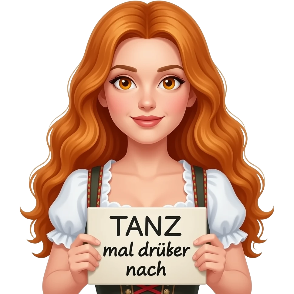 sexy girl with overlong ginger hair and ginger eyes wearing a dirndl holding TANZ mal drüber nach sign emoji