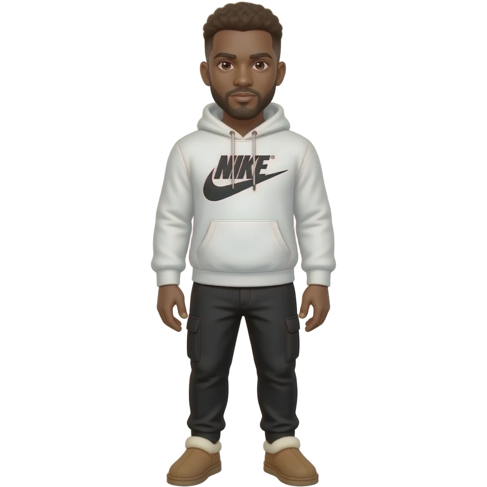 make a super hot brown skin colored man with fluffy brown low taper fade wearing a white nike hoodie with black essential pants and ugg tasmans for men on the feet emoji