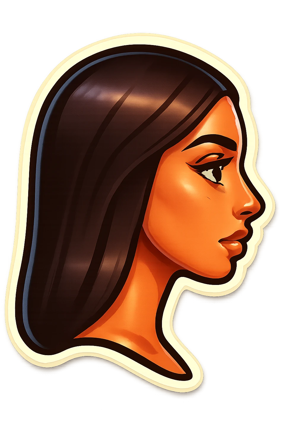 Create a side view (profile) of this woman's head, matching the same cartoon emoji style, with long dark hair and similar facial features. Variant 4. emoji