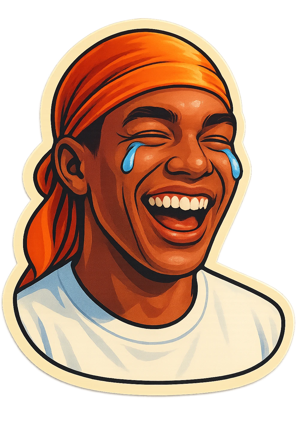 laughing crying
make his shirt white
make him smile
Change His durag To orange emoji