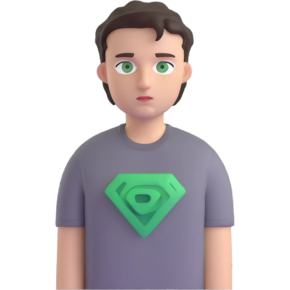 white man with dark messy short hair, dark green eyes, wearing a gray t-shirt emoji