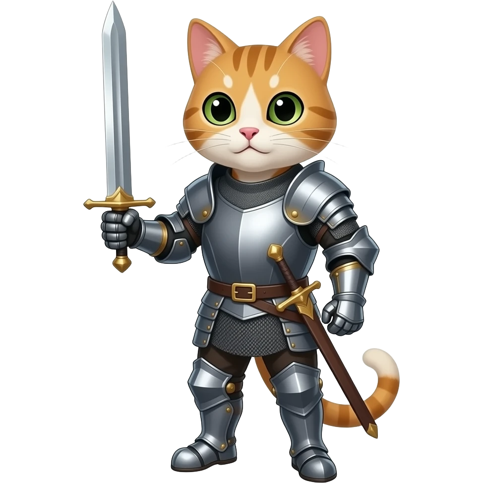 Кіт  в англійських обладунках з мечем в повний зріст, він людиноподібний emoji