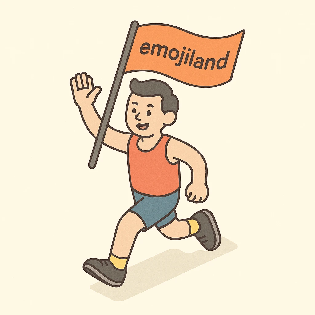 happy runner waving a flag that says 'emojiland' emoji