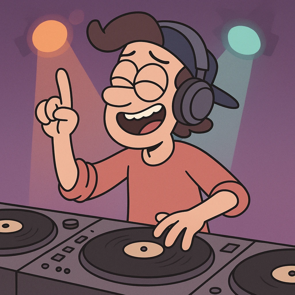 cartoon style deejay character spinning records with colorful lights emoji