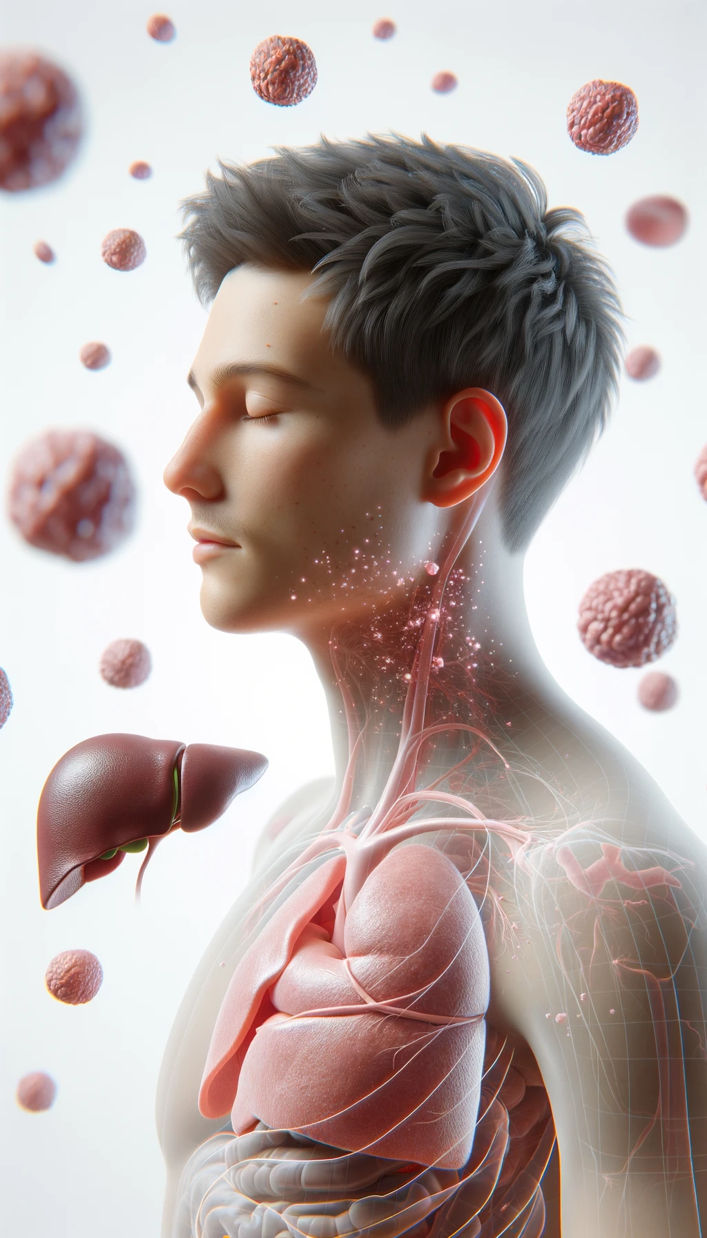 corpo umano anatomico con capelli corti e gli occhi chiusi, intorno a lui fluttuano cellule, fegato in evidenza, ha l'espressione rilassata, visto dal fianco iperrealistica 4k, isolato su sfondo bianco emoji
