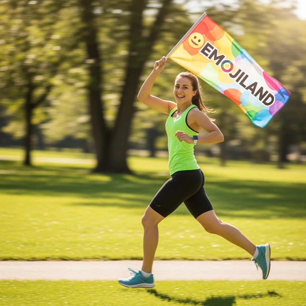 happy runner waving a flag that says 'emojiland' emoji