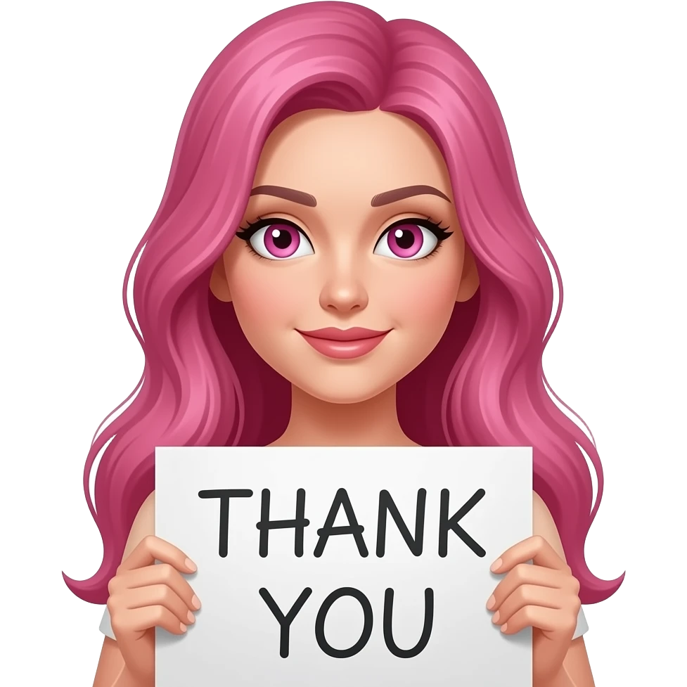 sexy girl with long pink hair and pink eyes holding a THANK YOU sign emoji