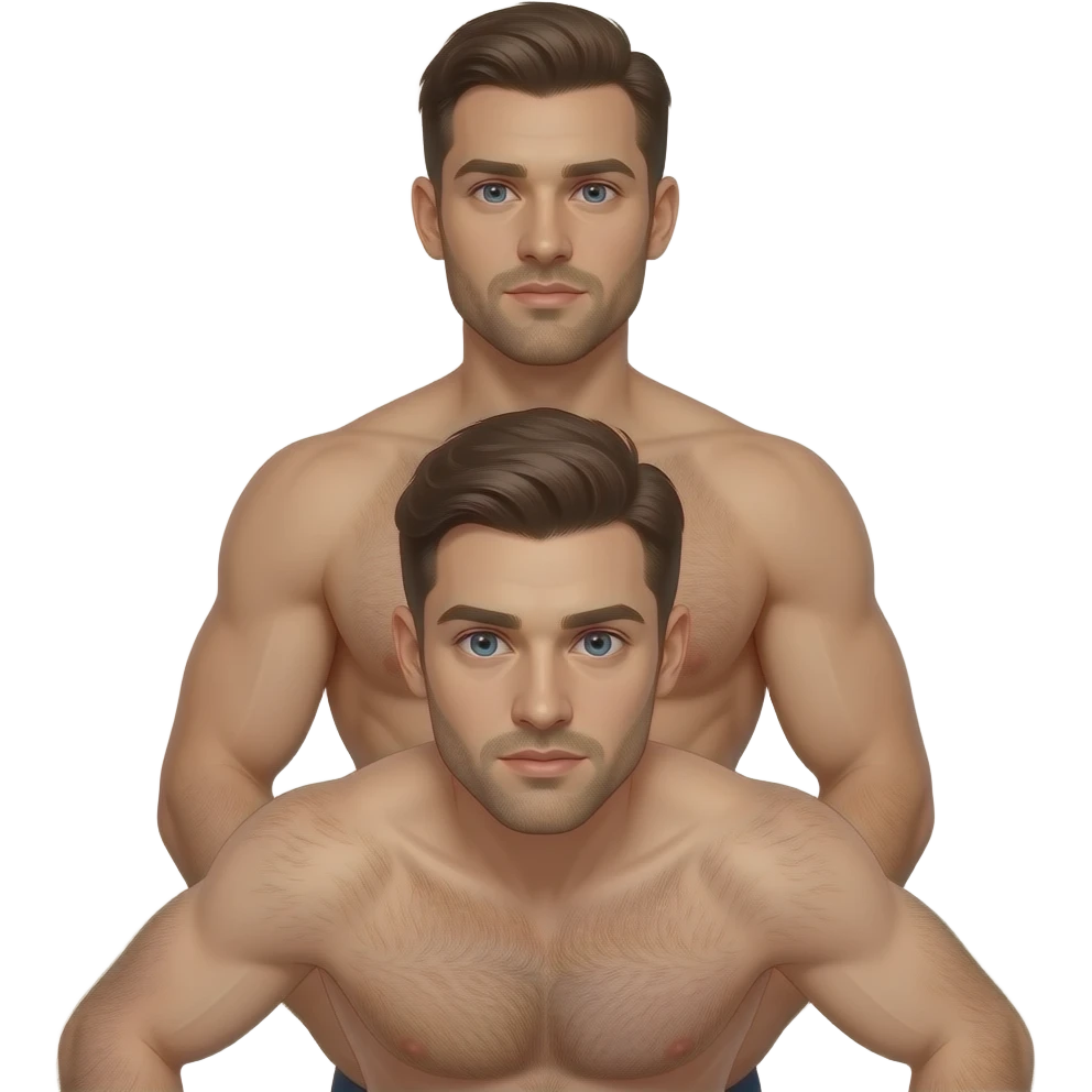 Naked hairy man bending over, a stronger naked hairy man standing behind him emoji