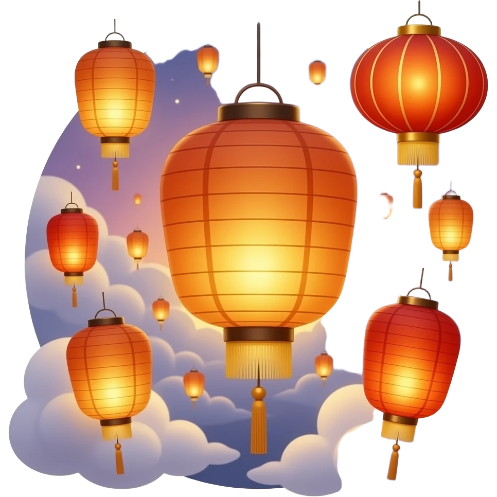 Golden, Orange, bronze, reddish Chinese lanterns in the sky emoji