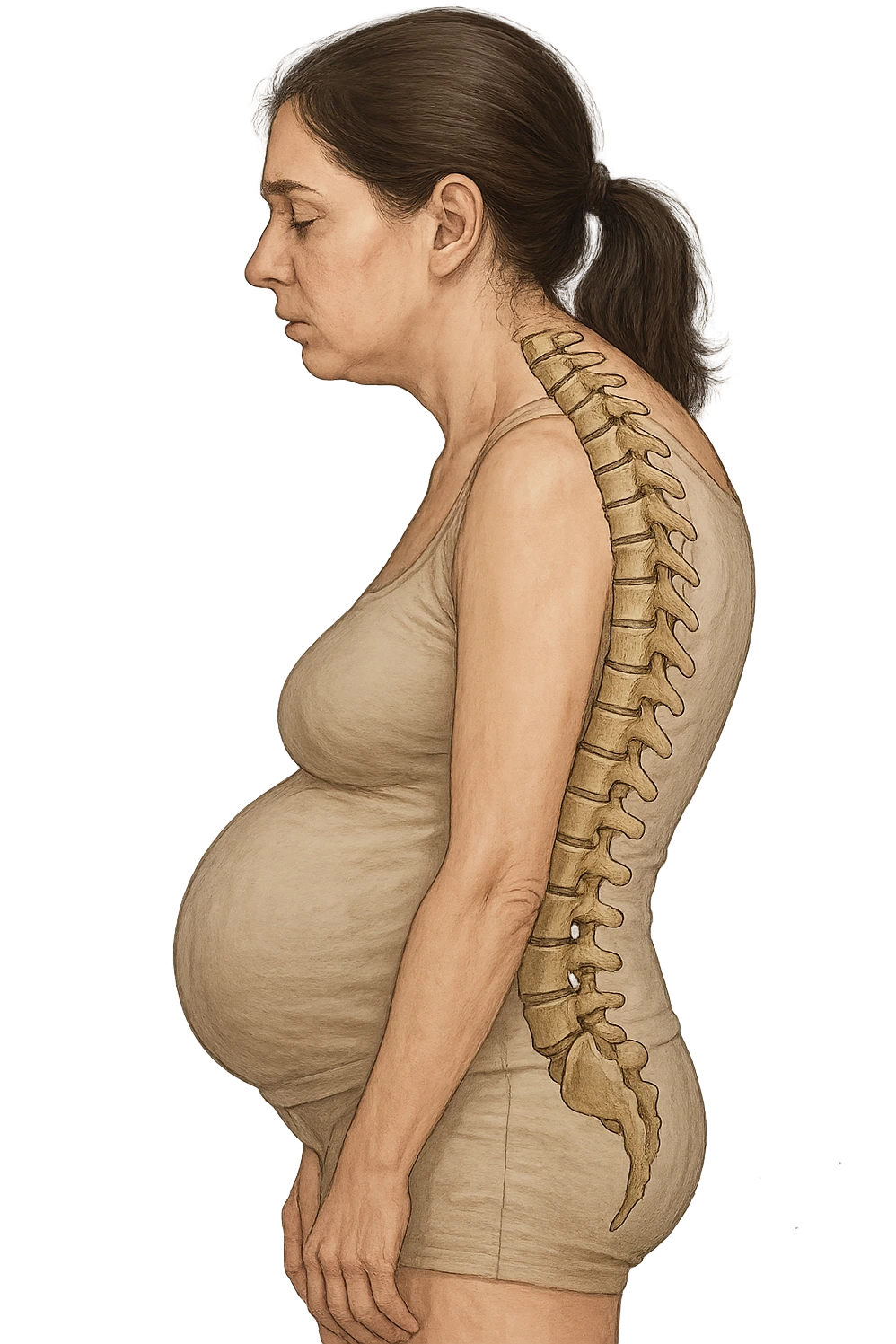 DONNA DI PROFILO CON LA POSTURA SBAGLIATA, SPINA DORSALE UMANA ANATOMICA REALISTICA IN EVIDENZA, LA PANCIA IN FUORI E LE SPALLE CHIUSE emoji