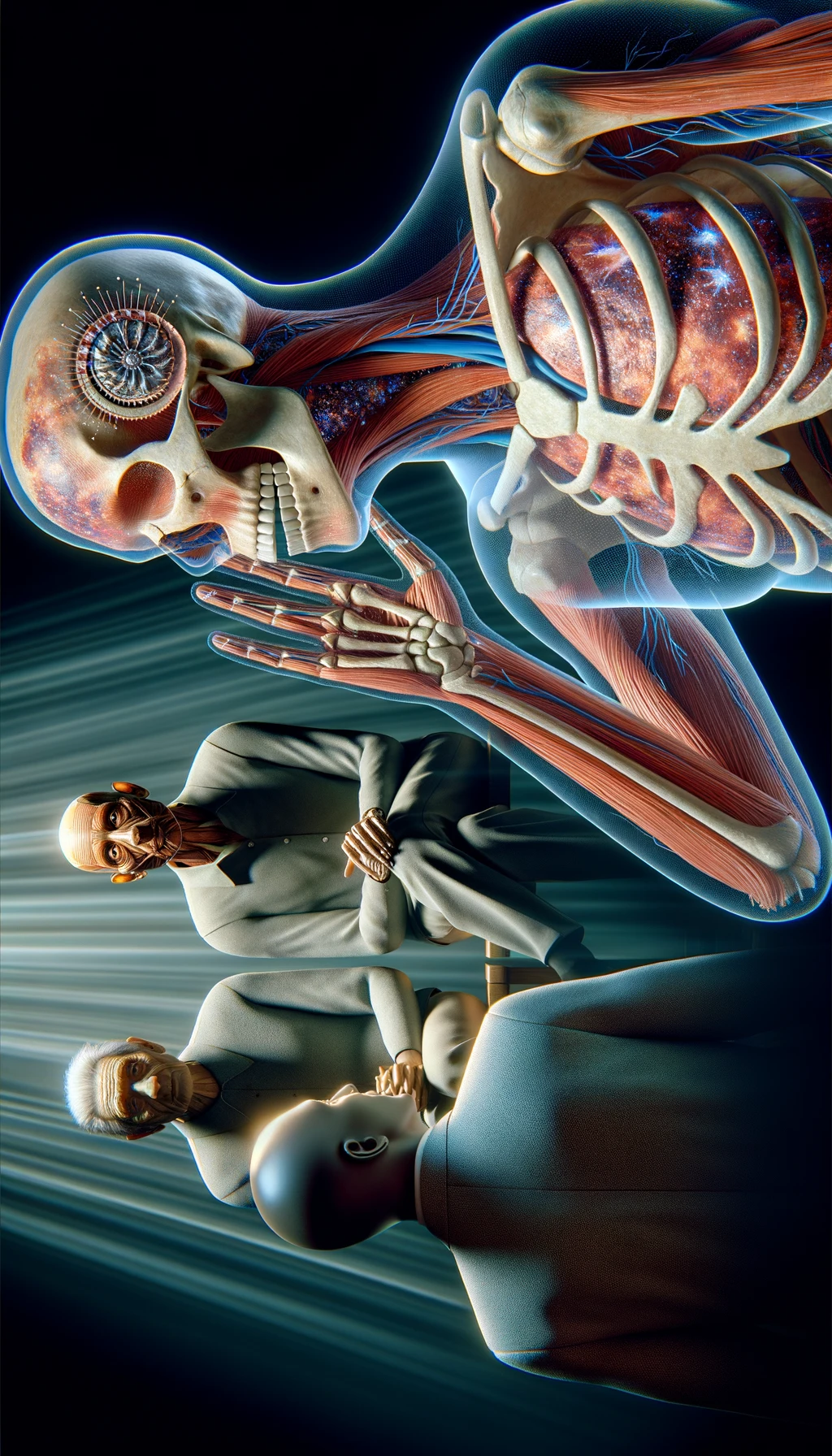 corpo umano anatomico che parla ma sopra di lui c'è il muto, un altra persona lo ascolta, immagine iperrealistica 4k emoji